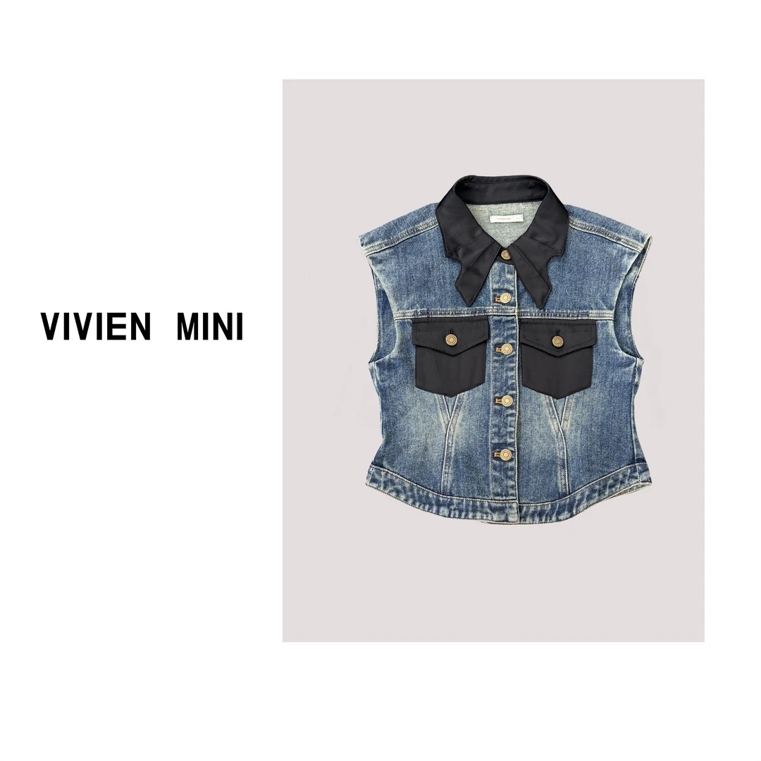 VIVIEN MINI【原创】新款拼接牛仔马甲时尚百搭休闲潮流个性秋季