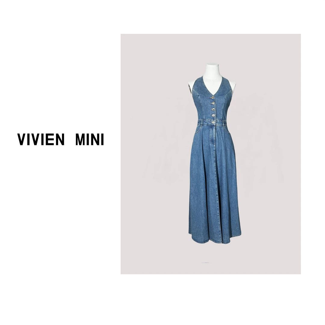 VIVIEN MINI【长款】 新款设计师款显瘦百搭复古时尚无袖牛仔连衣裙
