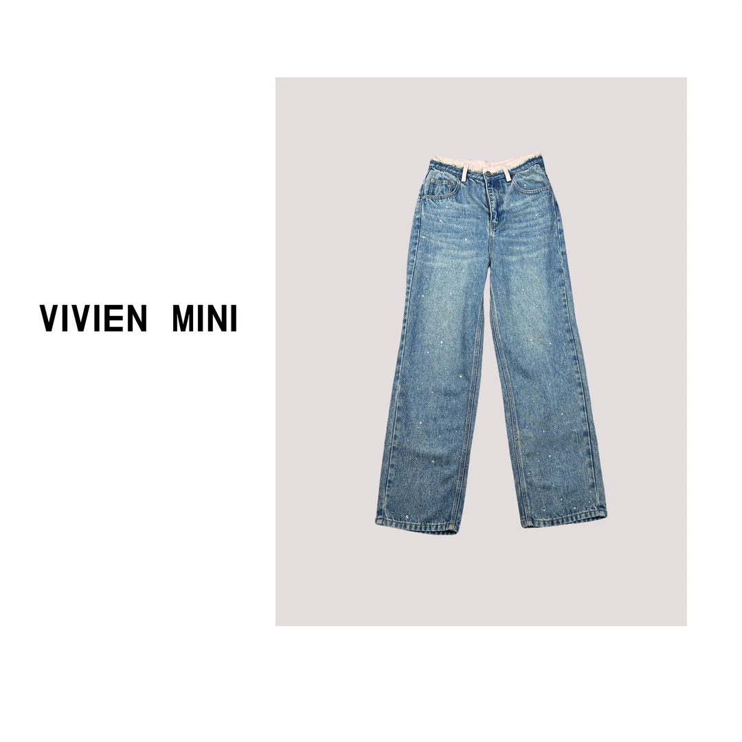 VIVIEN  MINI【美姐】 拼接时尚直筒做旧复古设计师水洗牛仔裤