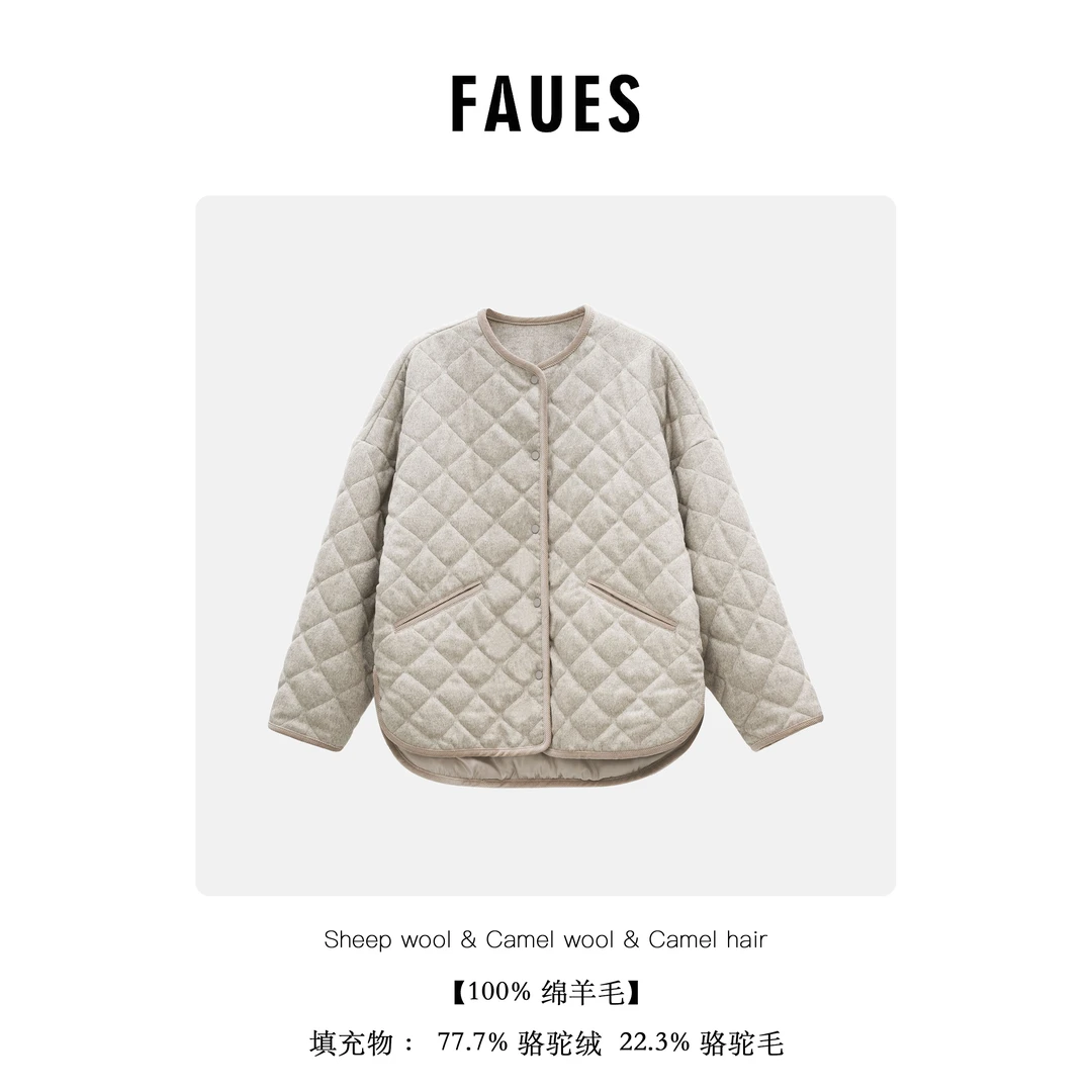 FAUES Dublin棉服 驼绒内胆精纺羊毛短毛面菱形格子廓形夹层外套