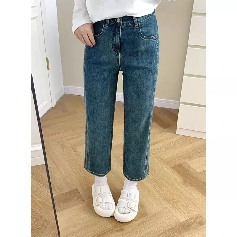 高腰直筒牛仔裤女早秋新款梨形身材大码宽松小个子显瘦复古烟管裤