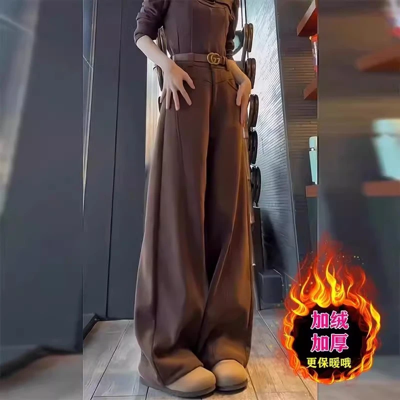 2024年秋冬新款加绒垂感宽松显瘦百搭设计感口袋阔腿裤直筒拖地裤