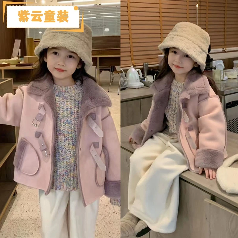 紫云童装韩版加绒外套23冬季新款女童洋气时髦加绒羊羔绒内里皮毛