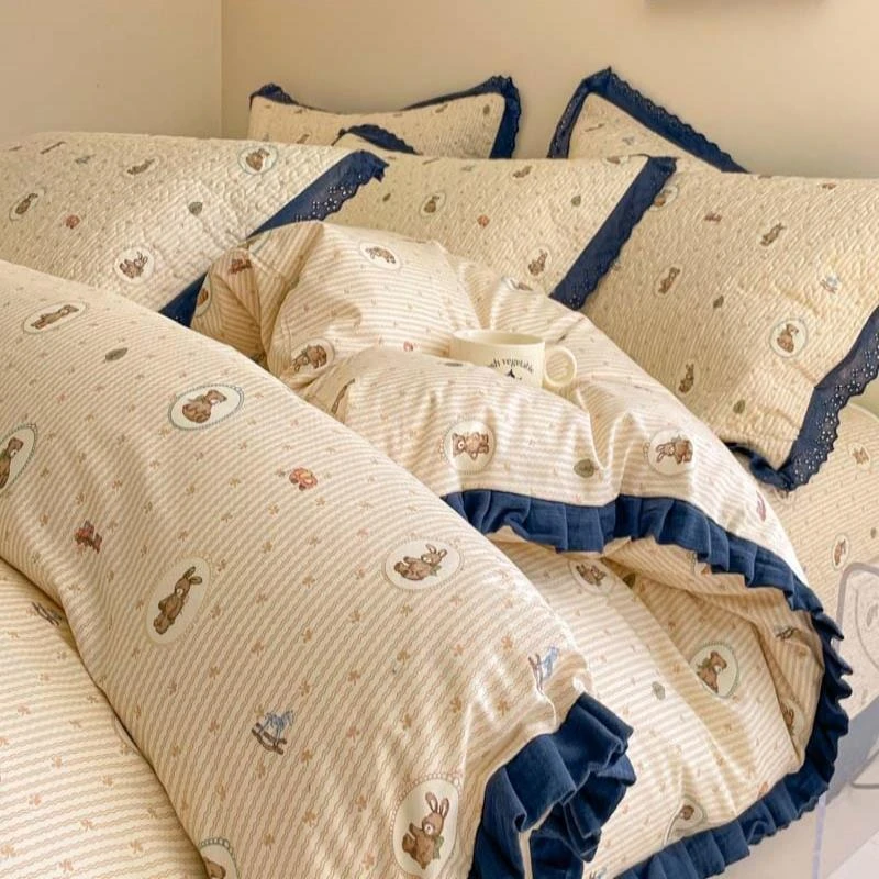 韩式花边纯棉夹棉床盖款四件套100全棉被套床品2024新款床单炕盖