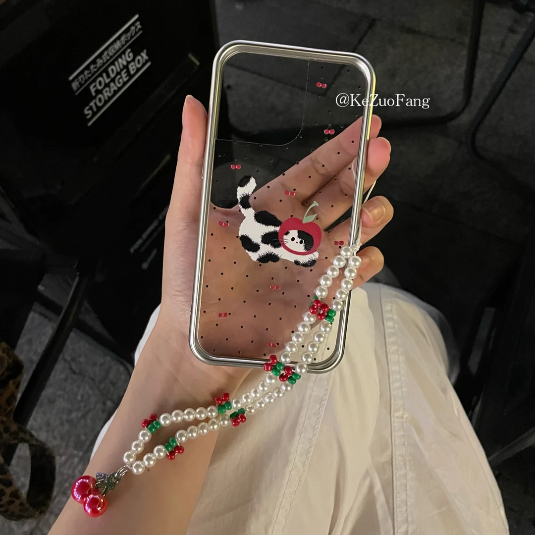波点樱桃猫咪手机壳适用iPhone15promax苹果14pro珍珠链条13防摔