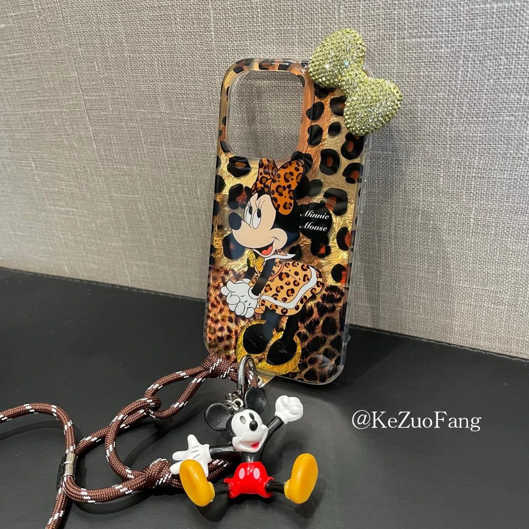 豹纹米妮米奇手机壳iPhone16promax适用苹果14立体蝴蝶结13防摔女
