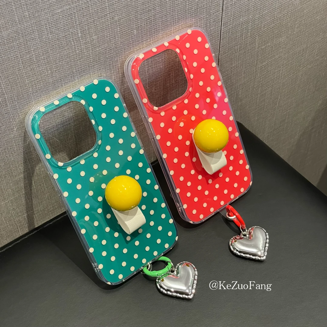 波点圆珠腕带手机壳iPhone15pro苹果14pro爱心吊坠13防摔12复古女