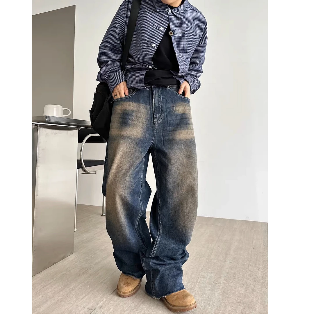 D3105#美式复古蓝直筒牛仔裤男女宽松垂感做旧水洗阔腿拖地裤子潮