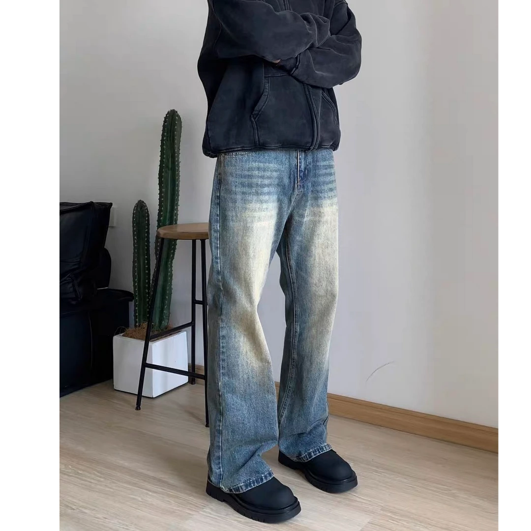 D01#美式复古街头怀旧蓝猫须vintage宽松微喇水洗牛仔裤cleanfit
