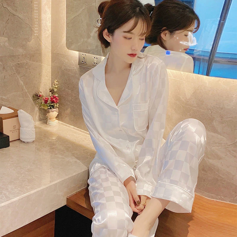 睡衣女春秋ins风冰丝长袖开衫格子翻领外穿两件套甜美两件家居服