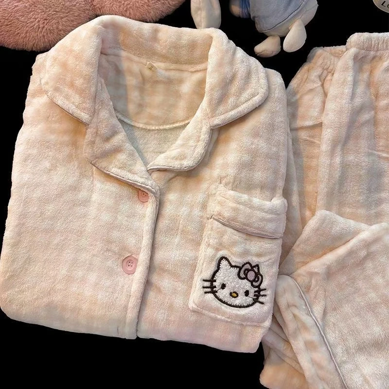 粉格小猫秋冬季法兰绒睡衣女爆款2024新款加绒加厚网红外穿家居服