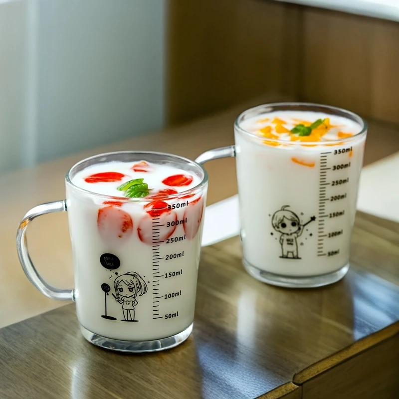 玻璃水杯早餐喝水牛奶杯刻度杯子成人儿童家用透明大容量加厚杯子