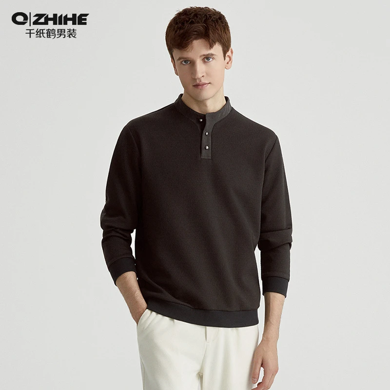 千纸鹤秋季新款针织提花立领卫衣男百搭休闲男士拼接套头衫16325