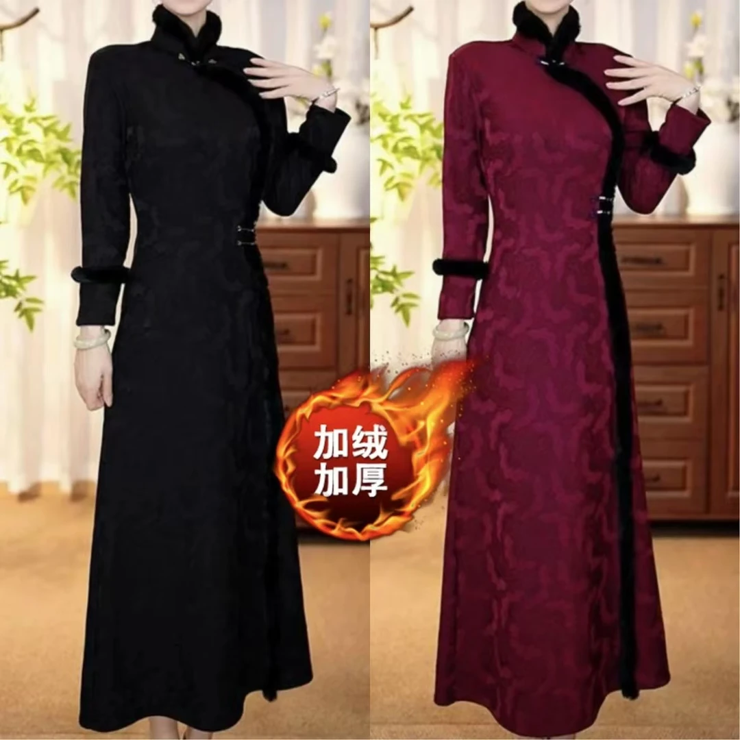 8188-787#加绒加厚醋酸提花刺绣保暖改良旗袍裙