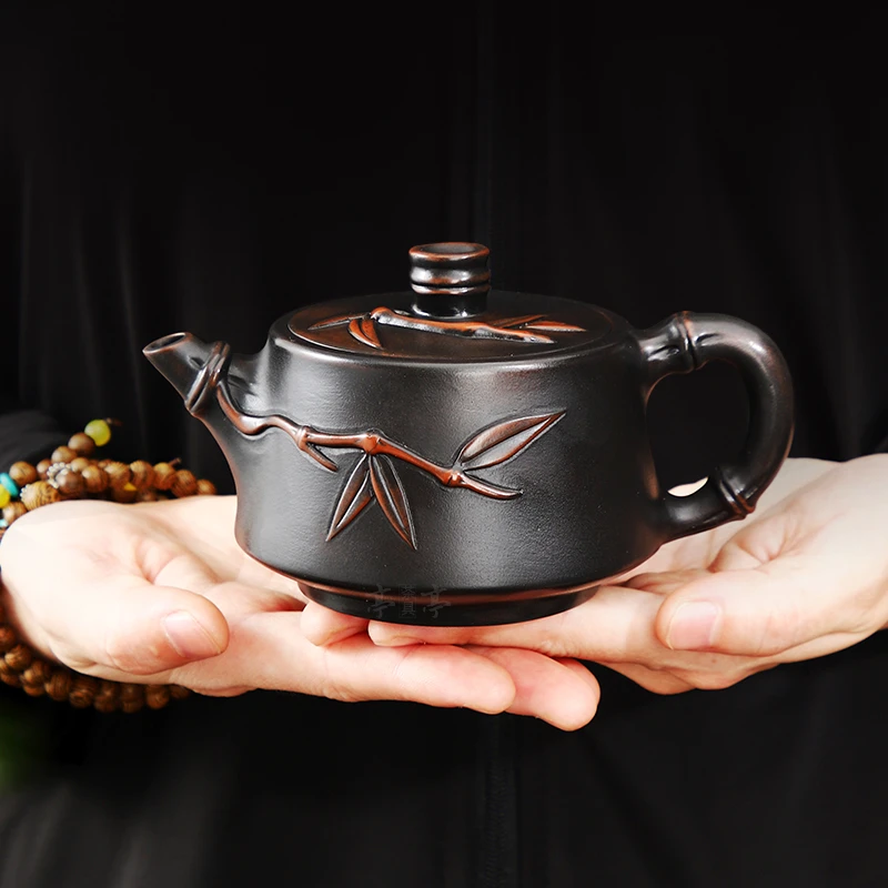 云南紫陶竹节壶高端纯手工泡茶壶复古创意浮雕带盖防烫紫陶茶具壶