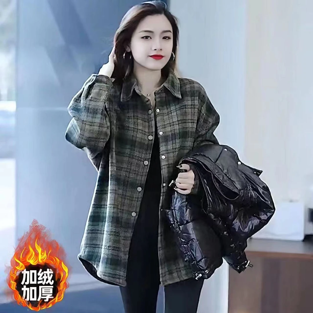 2025春秋新款韩版宽松加绒加厚格子衬衫女百搭中长款保暖衬衣上衣