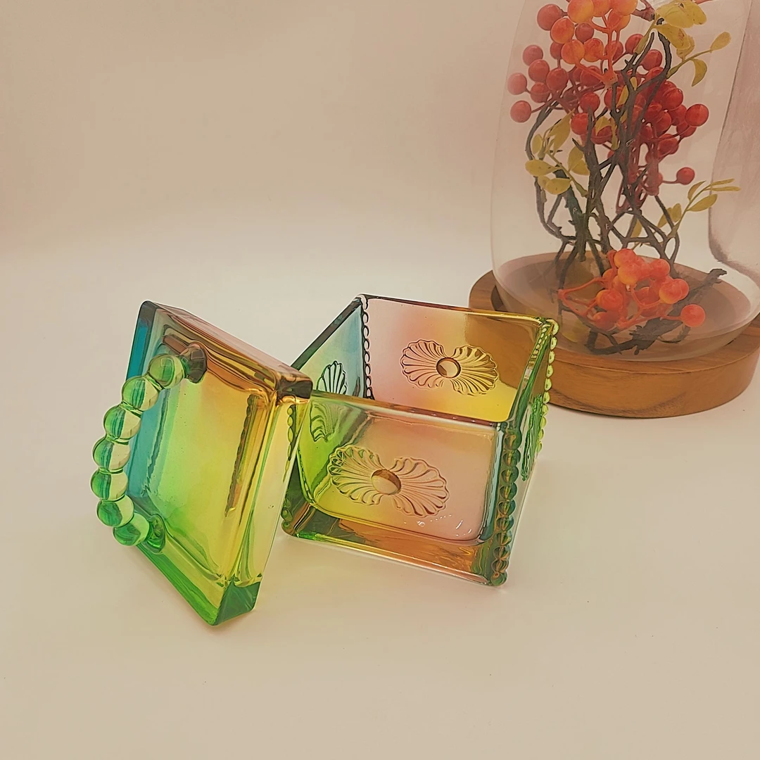 欧式七彩色珠联璧合玻璃收纳罐浮雕带盖糖果盒