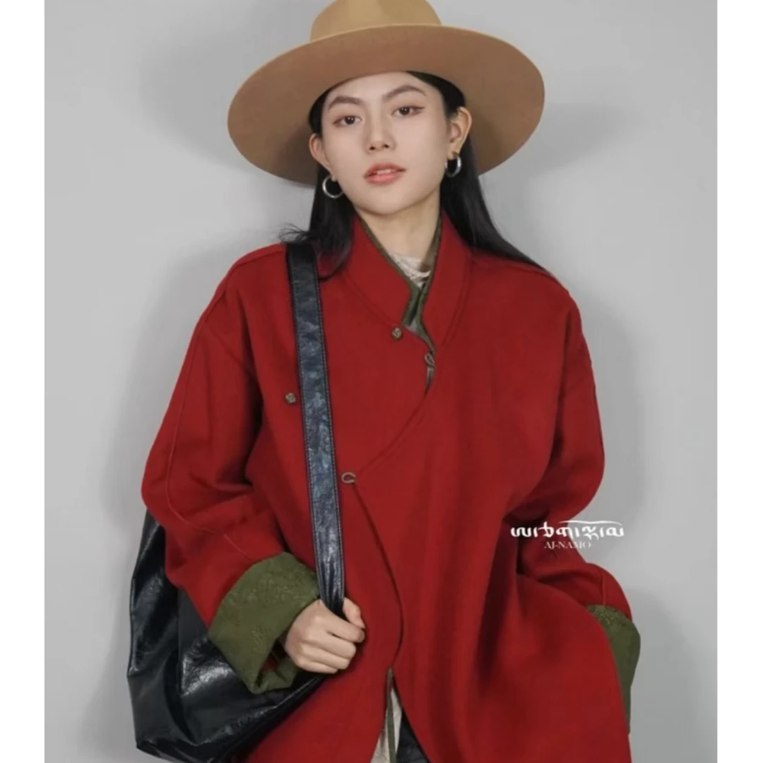 AJ-NAMO原创设计红色斜襟撞色外套-多色可选779