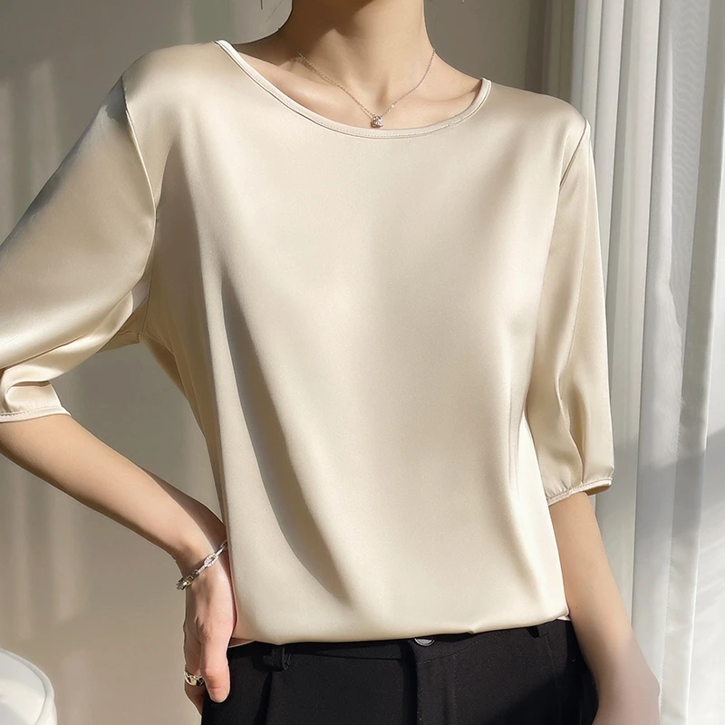 真丝缎面短袖女醋酸五分袖T恤春夏新款宽松中袖上衣气质薄款衬衣