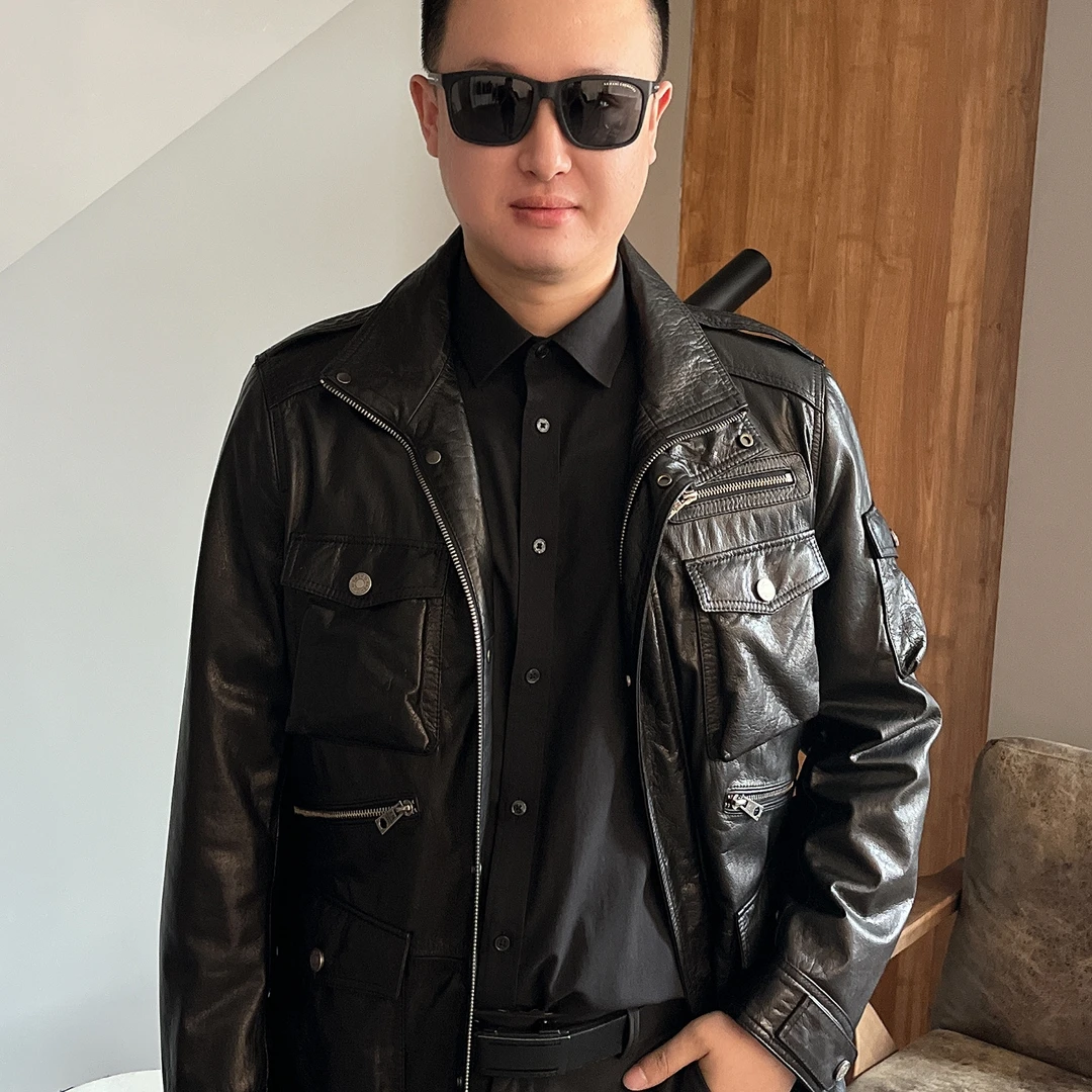 男士中长款牛皮夹克翻领时尚休闲黑色真皮百搭潮流复古欧美M23-31