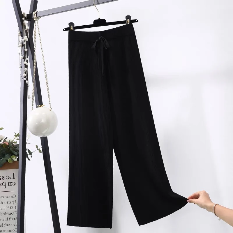 7200 黑色弹力松紧腰休闲显瘦阔腿裤 720040032