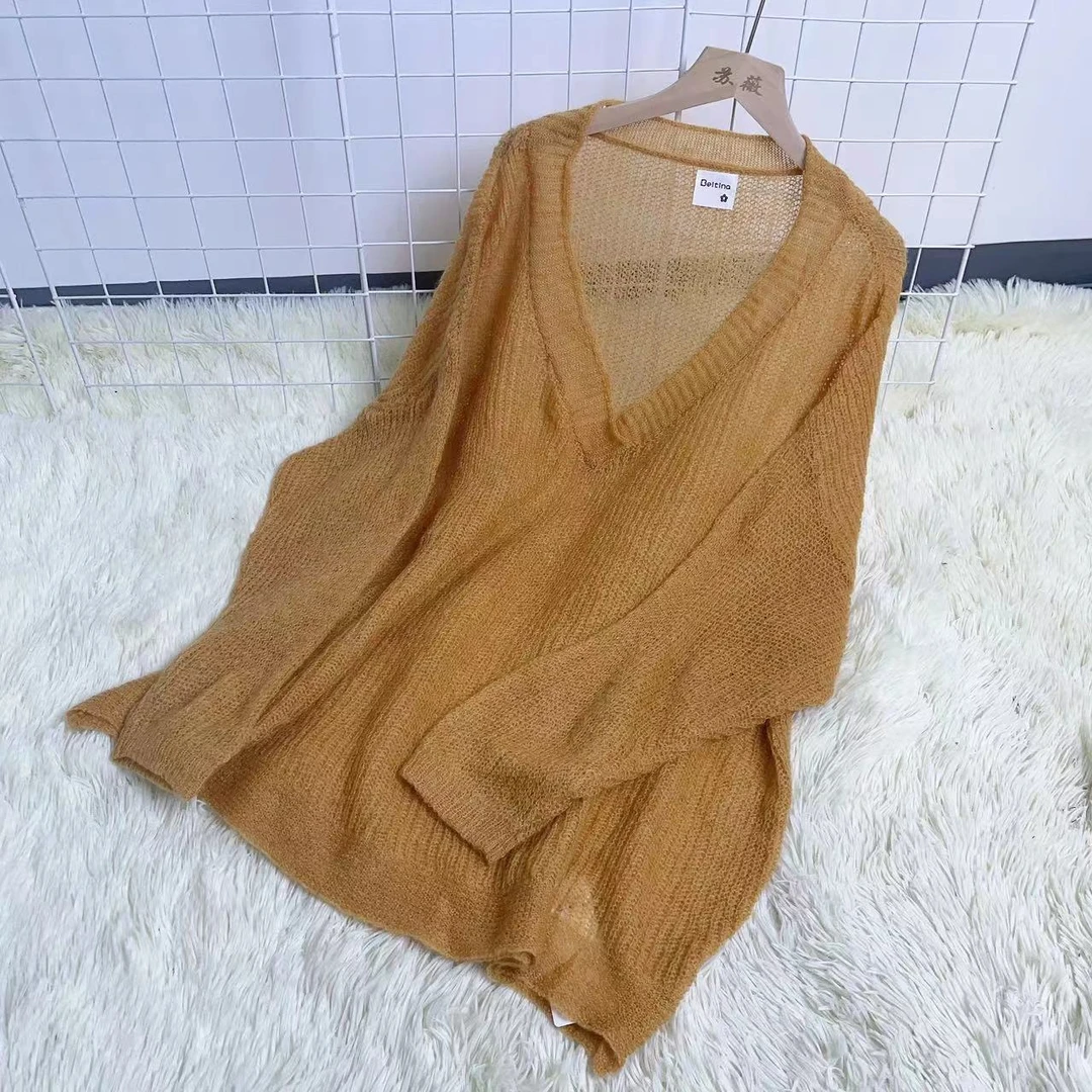 D家 微透V领宽松大板针织宽松毛衣xp98