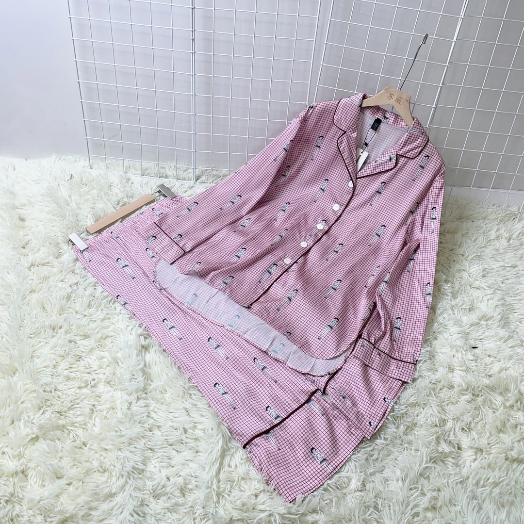 秋季粉色格子时尚家居休闲减龄长袖套装（九分裤） 2024509