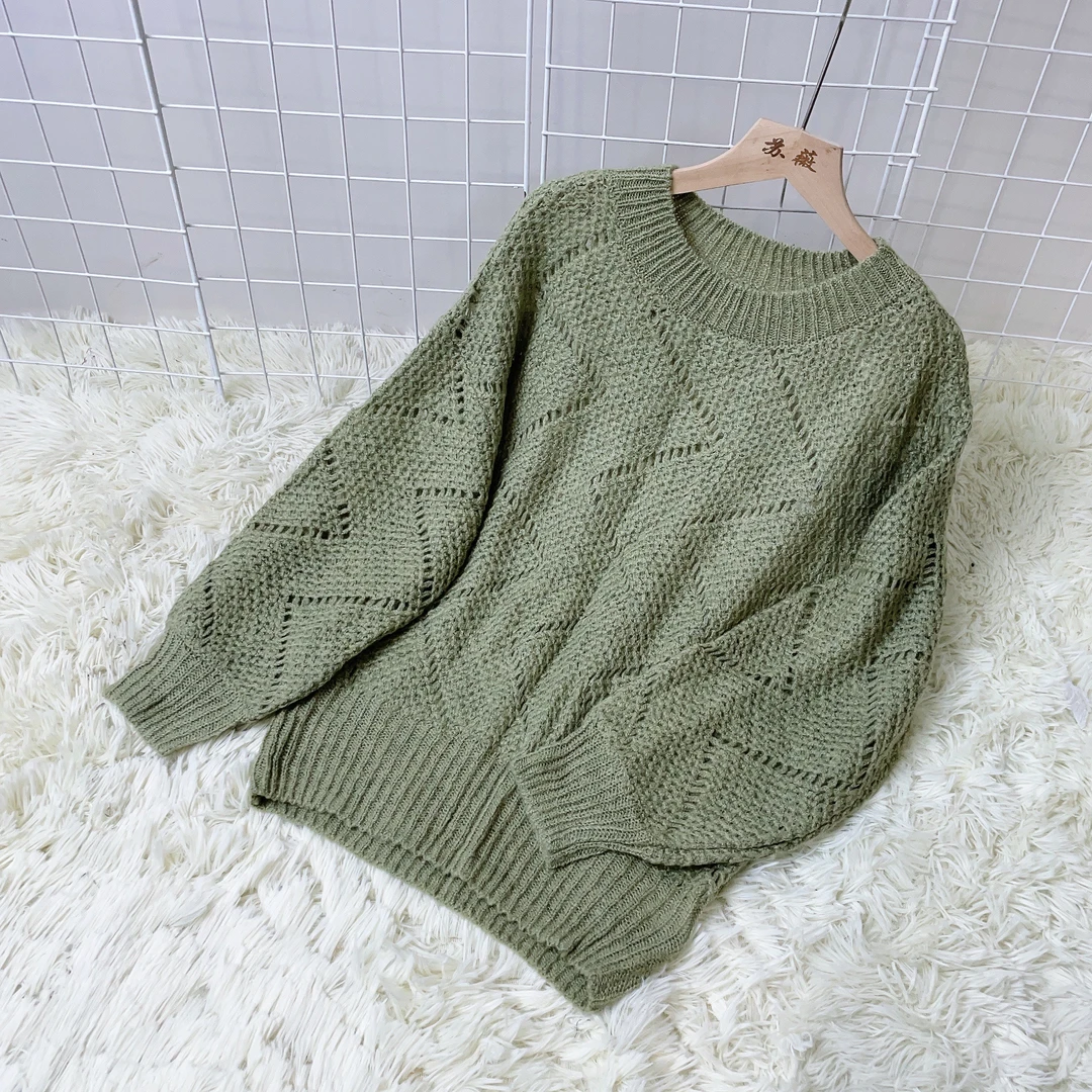 轩家 韩版秋冬圆领镂空提花宽松休闲长袖针织衫上衣女 3441