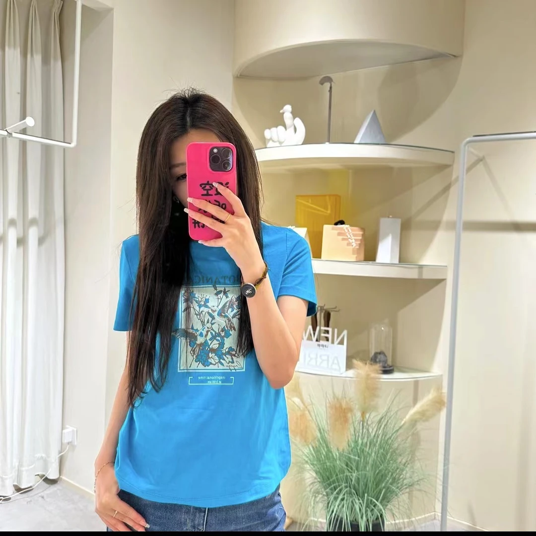 女款夏季蓝色圆领百搭印花字母弹力棉t 17801