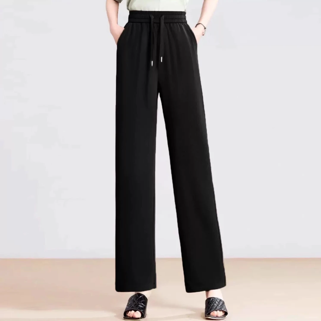 黑色松紧腰显瘦显高中长款休闲阔腿裤 190104