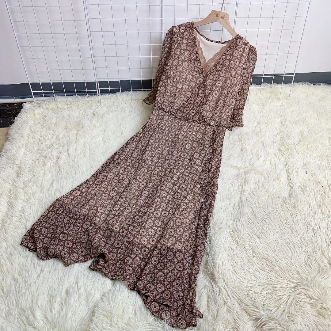 D家 法式碎花V领复古裙子气质收腰显瘦过膝长连衣裙  XP51