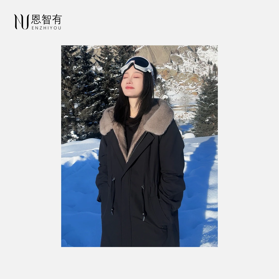 【恩智有皮草】 静奢 银蓝原色 水貂连帽两穿派克服