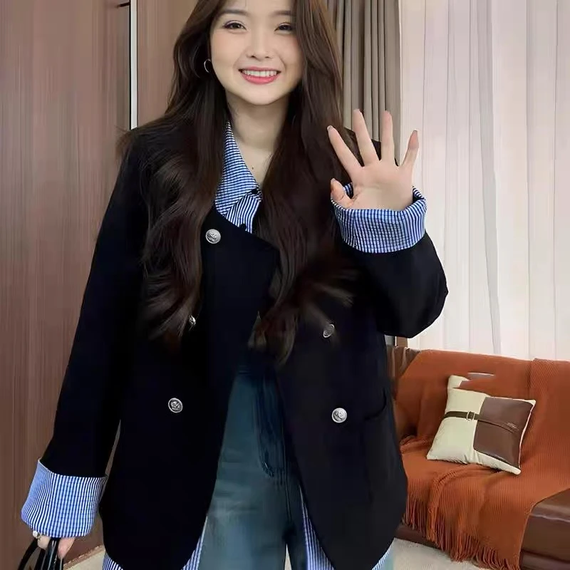 女大码减龄拼接翻领巨显瘦假两件气质胖mm小香风开衫外套上衣