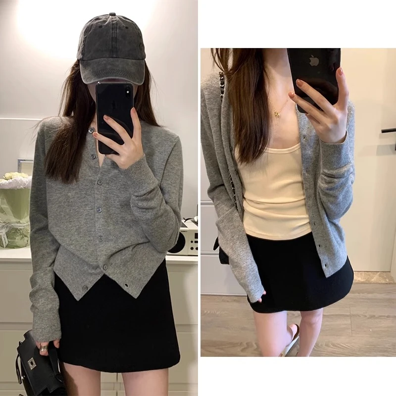 灰色针织开衫毛衣外套女春秋2025新款秋冬修身短款上衣设计感小众