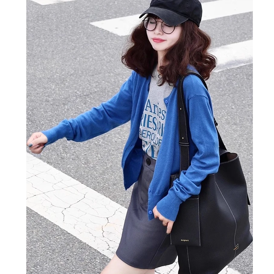 蓝色圆领针织开衫外套女2025新款早秋宽松显瘦长袖薄款上衣外搭