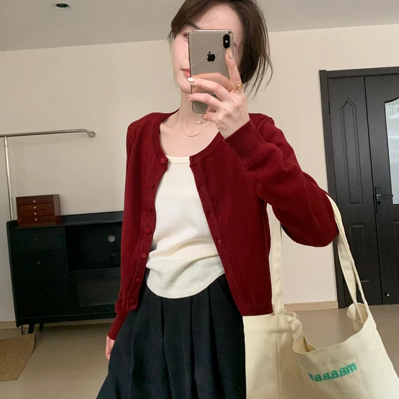 安可拉红薄款针织开衫女2025春秋高级感宽松短款外搭毛衣外套上衣