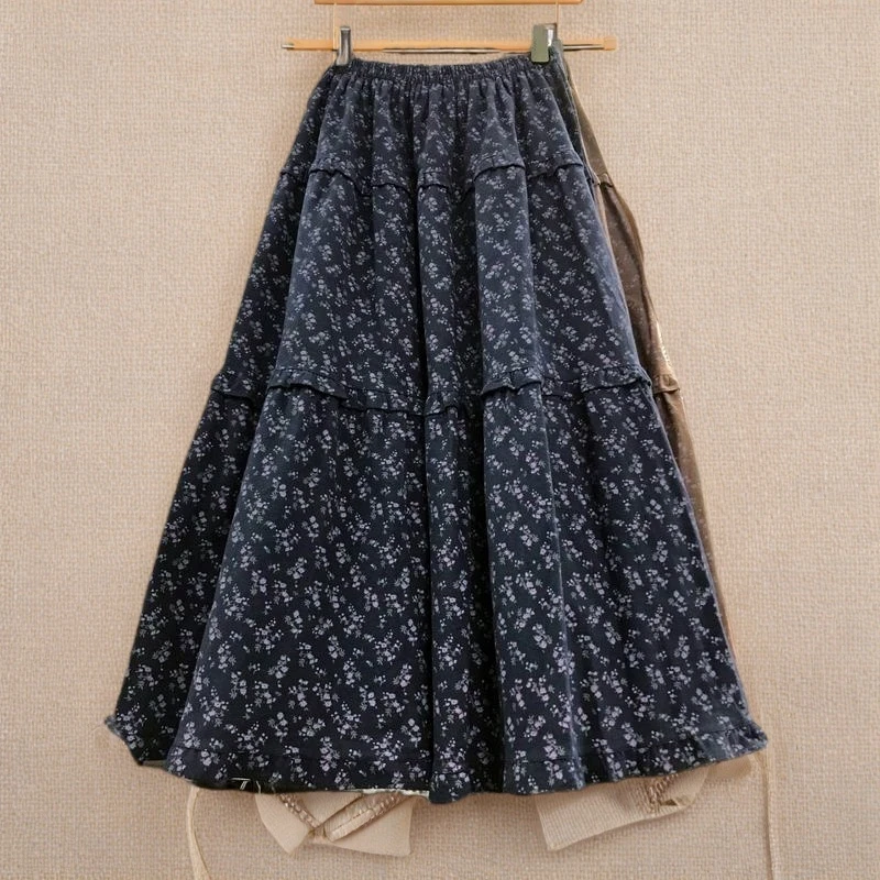 复古森系小碎花修身半身裙女 2024大码秋冬中长款高腰遮胯A字伞裙
