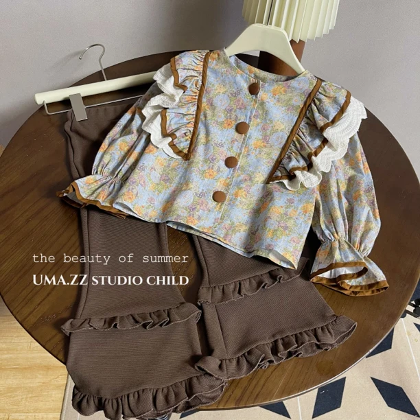 【A11】女童套装2024秋季新款儿童夏季百搭衬衣+喇叭裤两件套秋装