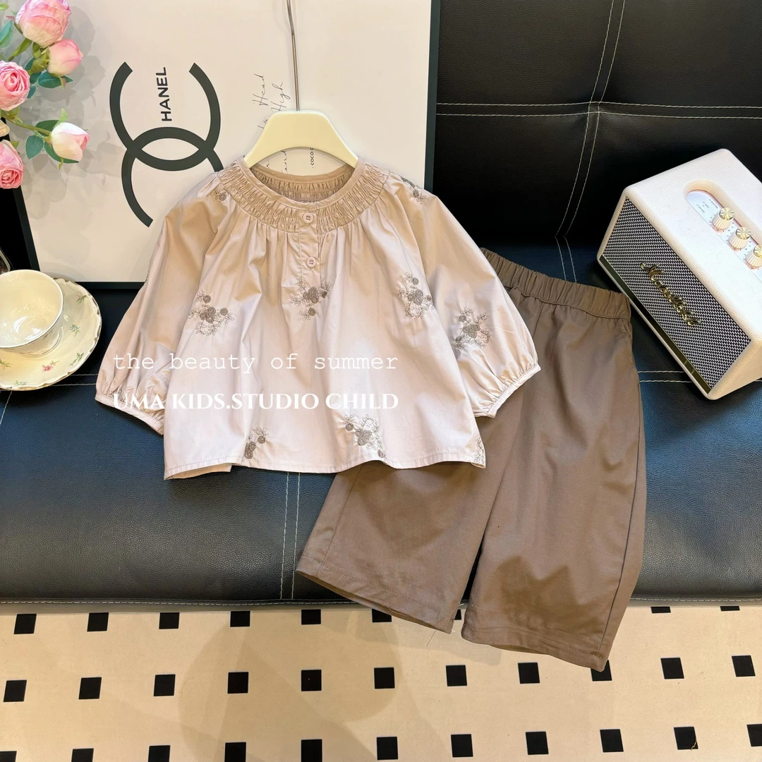 2025秋冬新款女童韩版甜美刺绣衬衫上衣萝卜休闲裤两件套装
