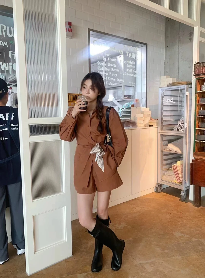韩版小众设计感丝巾绑绳收腰衬衫+短裤气质两件套装