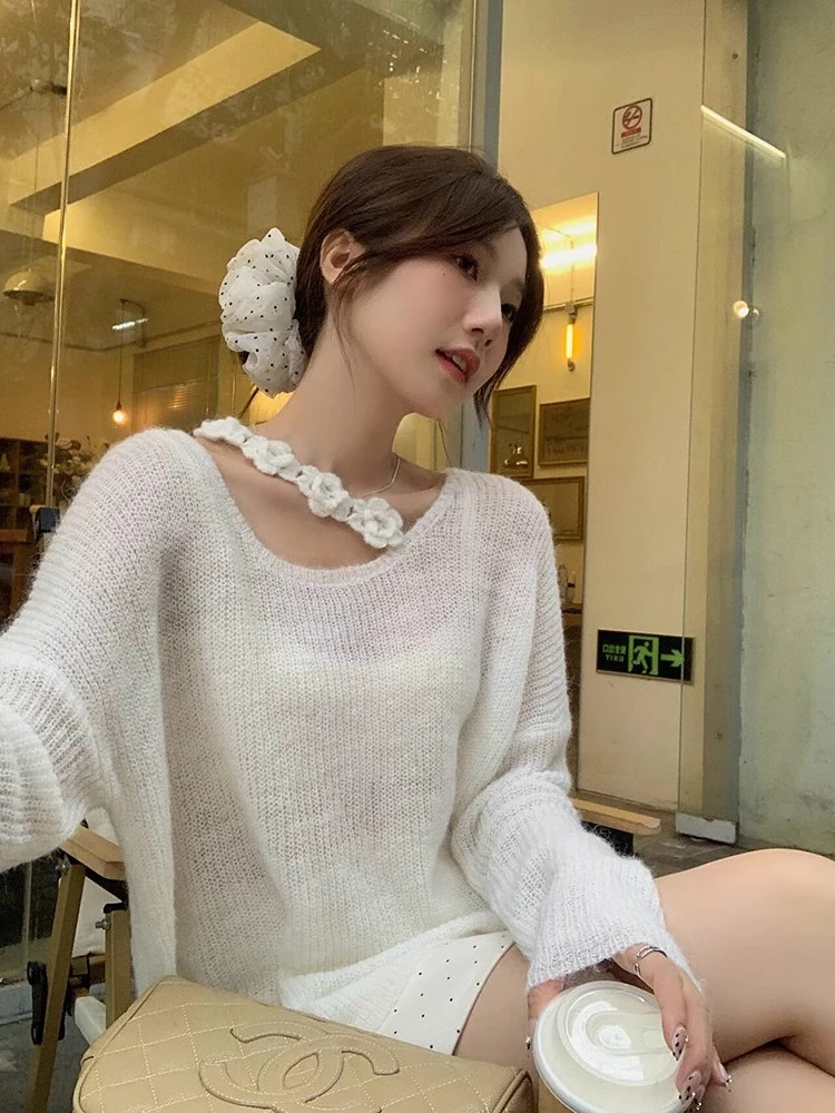 韩系温柔风立体花朵设计感甜美纯色百搭宽松慵懒风休闲针织衫毛衣
