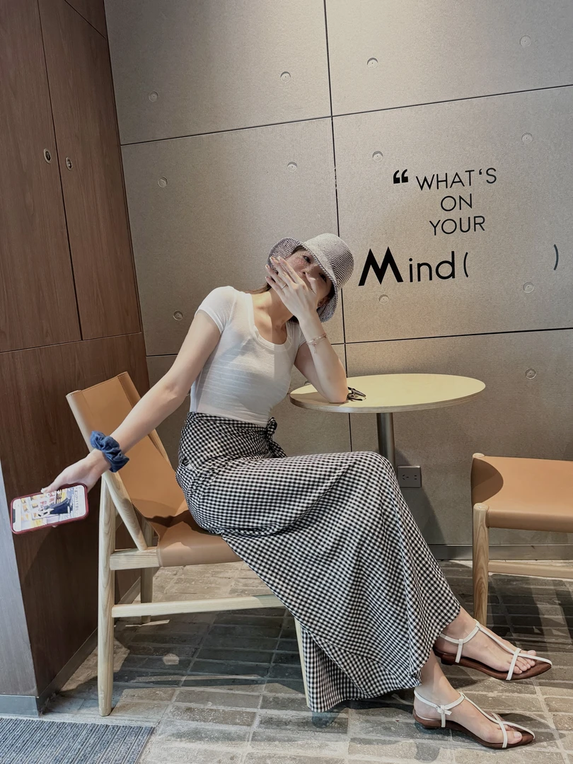 韩系不规则设计绑腰系带百搭显瘦天丝格纹半身裙