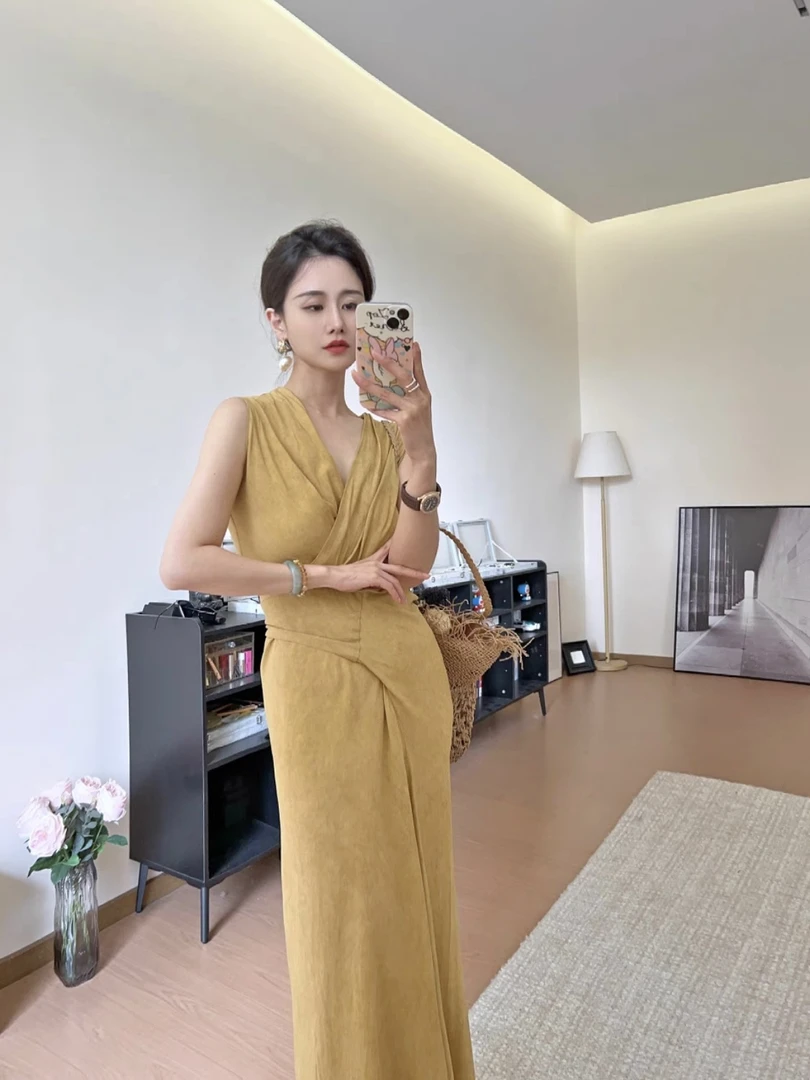 【清仓】高级感无袖不规则绑带设计收腰显瘦纯色气质连衣裙