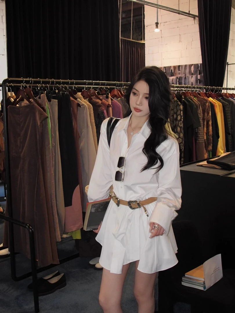 韩版简约宽松百搭气质时尚显瘦高级感衬衫连衣裙（配腰带）