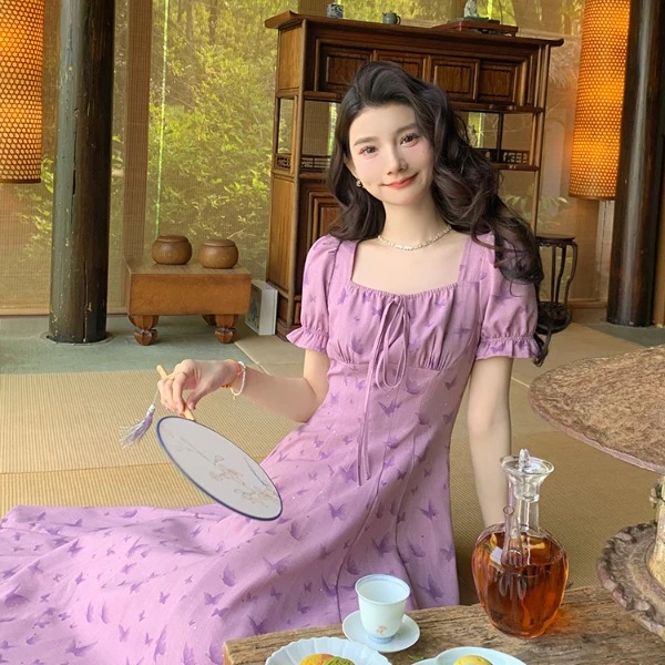【芸妹推荐】胖mm法式甜美茶歇裙温柔风设计感蝴蝶印花紫色连衣裙女