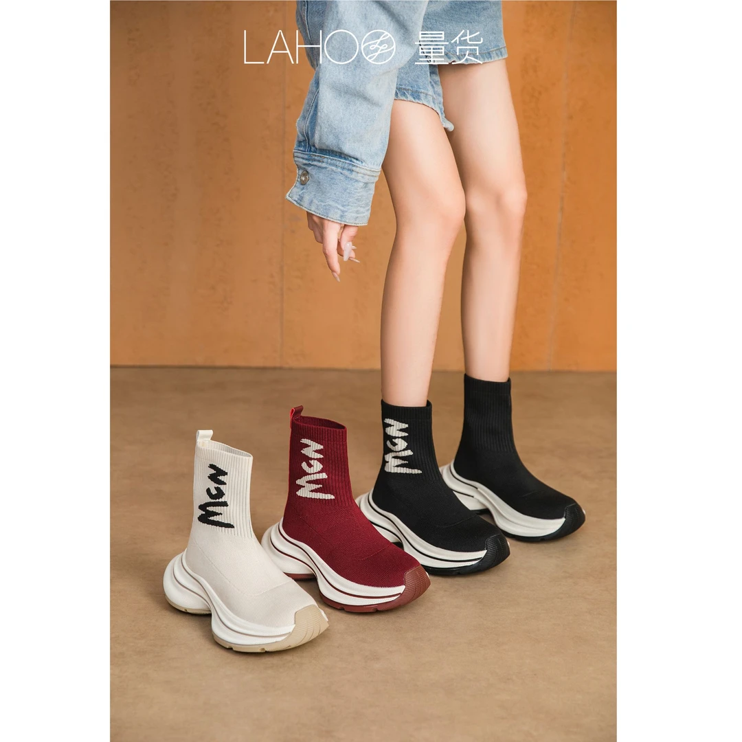 【酒窝专属】新款针织弹力短靴女厚底袜子鞋高帮鞋增高休闲运动