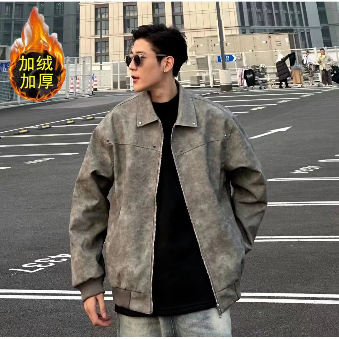 秋冬季美式复古铆钉皮衣外套男痞帅高级感机车夹克cleanfit休闲衣