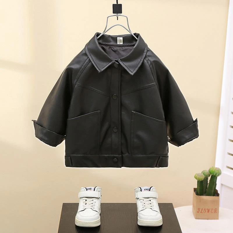 男童皮衣外套2025秋季韩版新款潮流男宝纯色翻领秋装痞帅儿童夹克