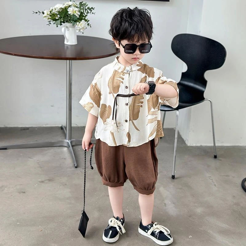 男童中式夏装短袖衬衫套装薄款2024新款儿童夏季宽松衬衣男孩帅气