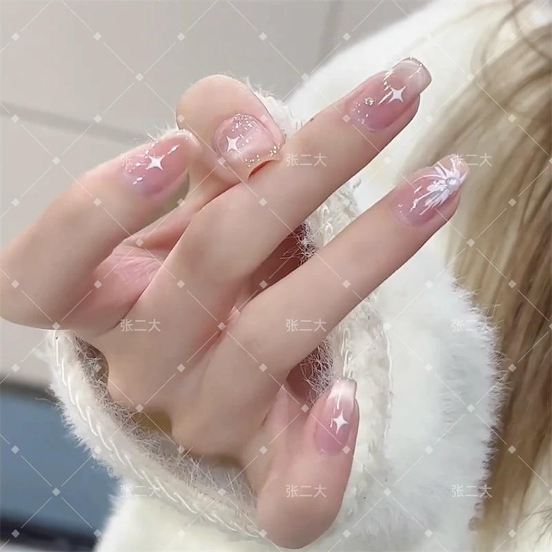 【小清新】纯手工气质夏日冰透温柔穿戴甲ins简约手绘花美甲